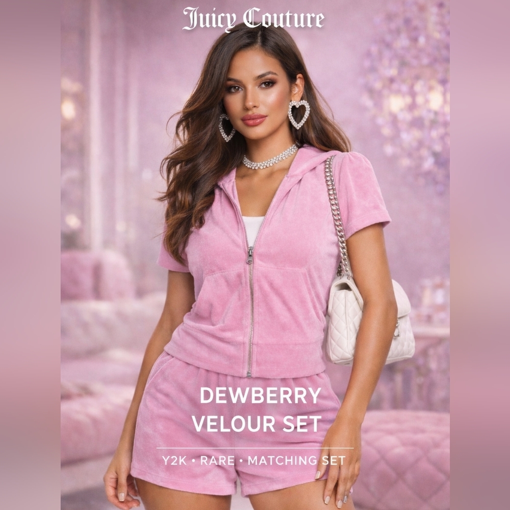 Juicy Couture Tracksuit Short Set Dewberry Pink Velour - Hoodie Matching Set - Picture 4 of 9